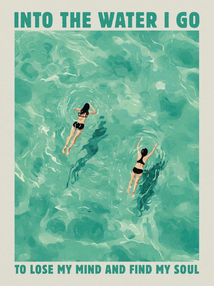 Into the water I go to lose my mind and find my soul swimmer in Sunset, wanderlust aesthetic artwork in calm blues in the style of vintage travel posters for nature lovers, landscape wall art for bathrooms, coastal decor and beachy interiors 1