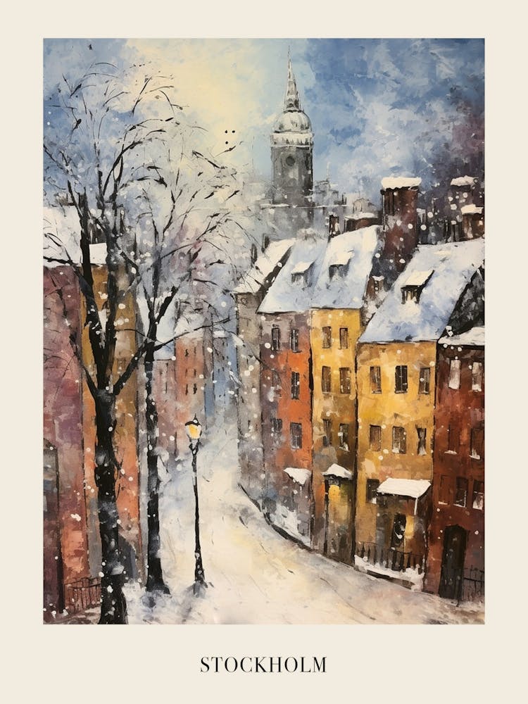 Vintage Winter Painting Poster Stockholm Sweden