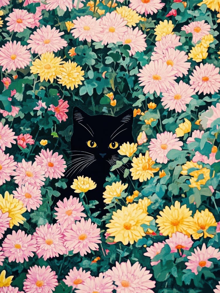 Schwarze Katze in Blumen 14