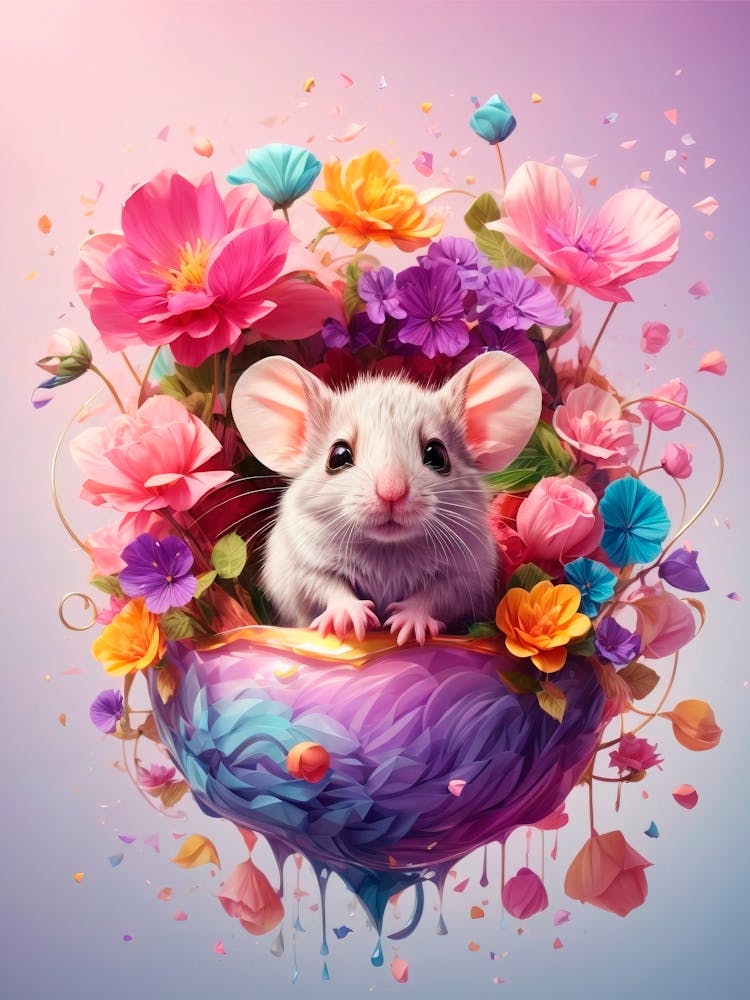 Souris dans un Panier de Fleurs