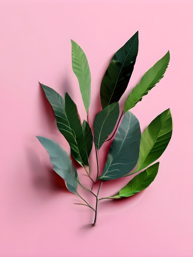 Green Leaves On Pink Background