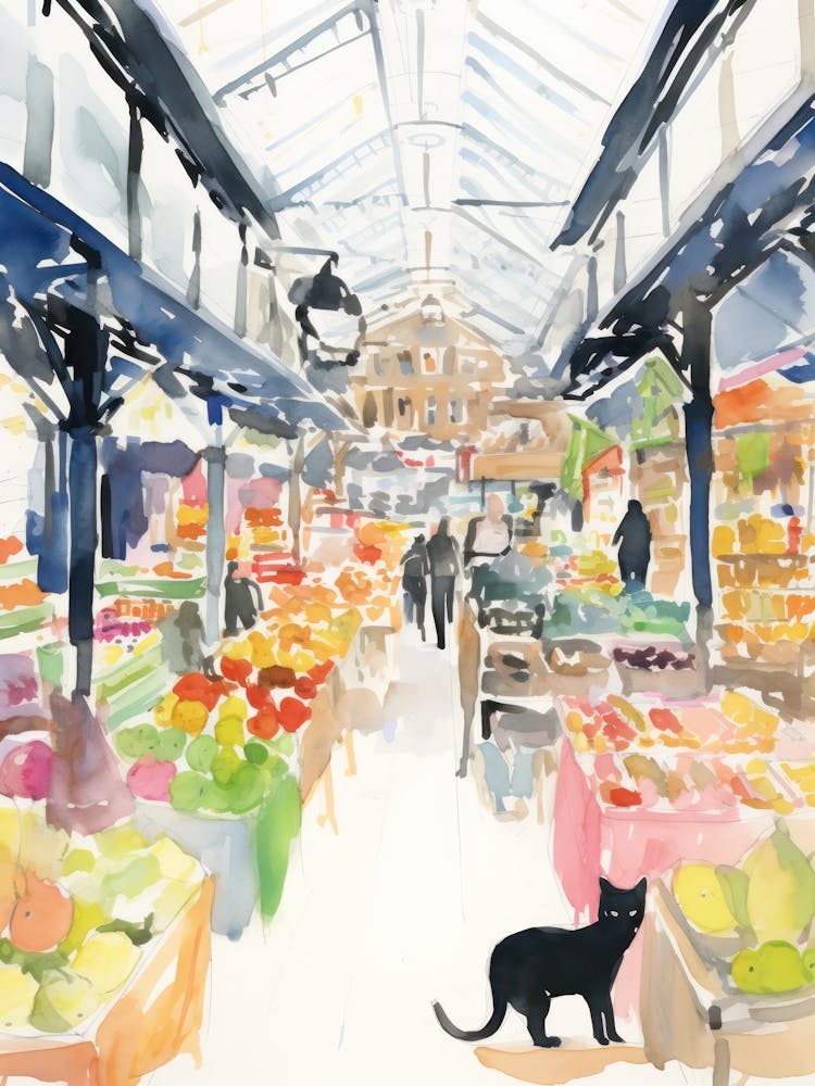 Lebensmittelmarkt mit Katzen in Kopenhagen 2 Aquarell