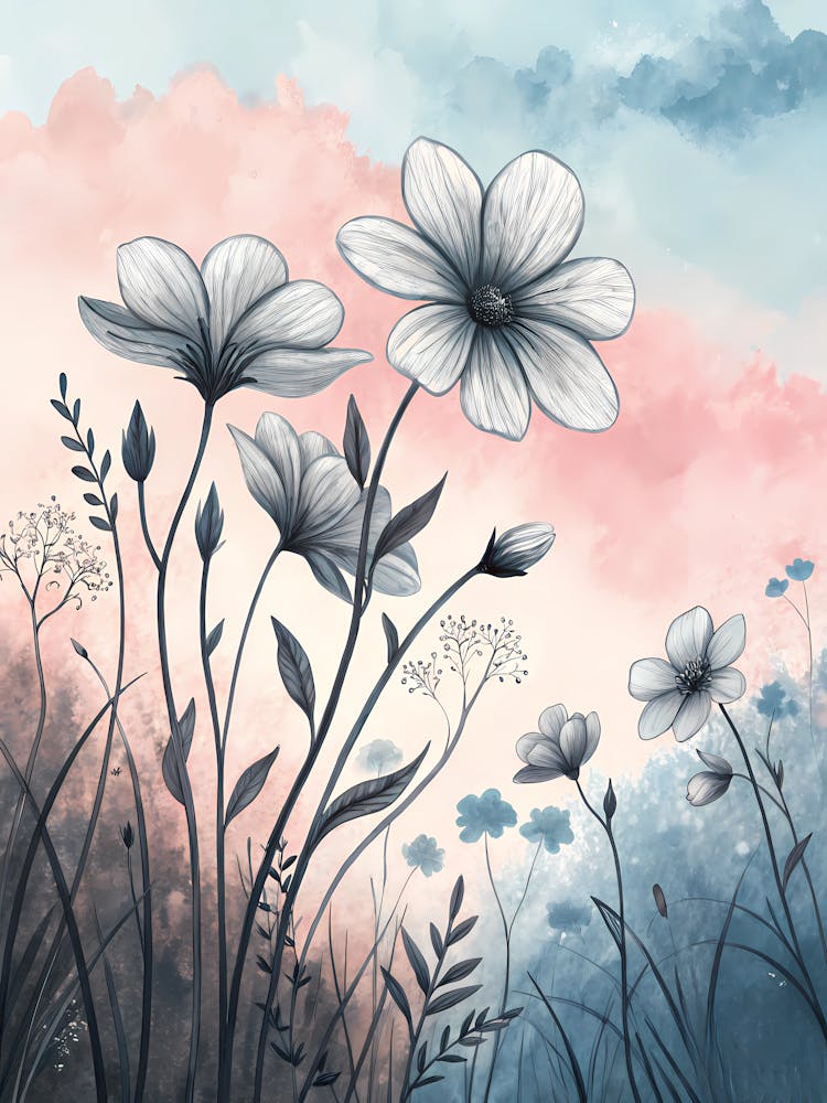 Oil Painting Style Monochromatic Wildflower Meadow Pink & Blue Sky