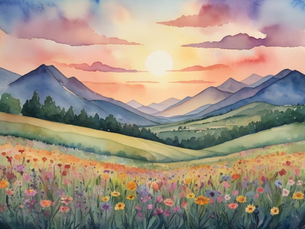 Default A Painting Of A Sunset Over A Field Of Flowers And Mou 1 1