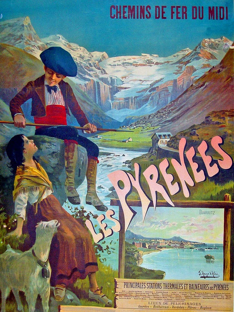 Young Couple On Pyrenees, France, Vintage Travel Poster