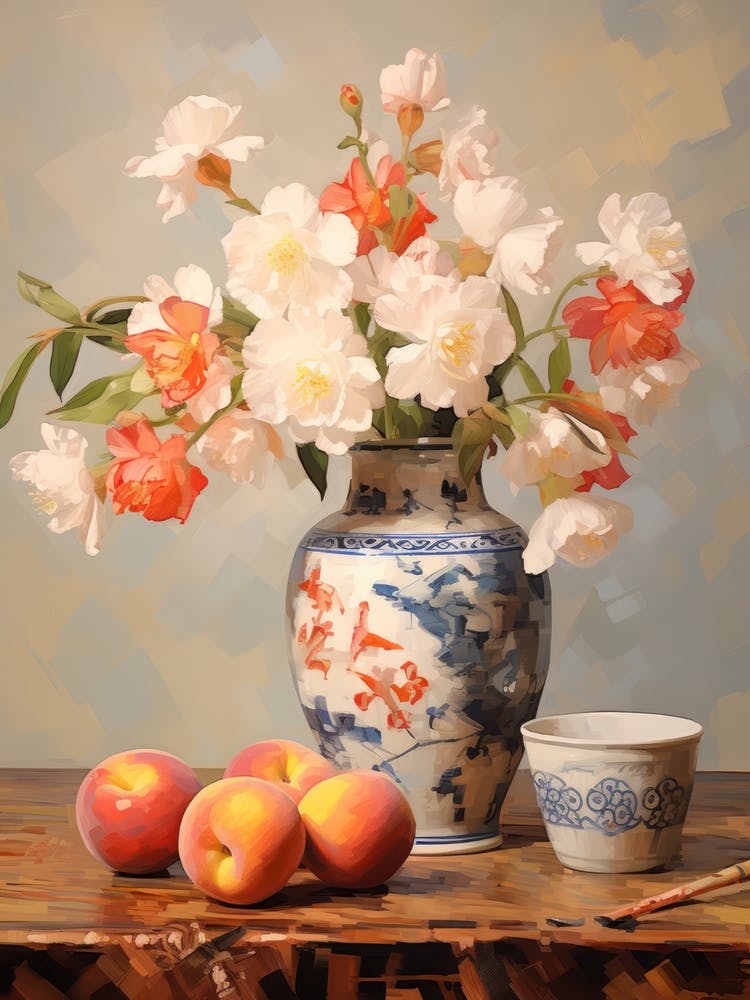 Snapdragon Flower And Peaches Still Life Painting 1 Dreamy