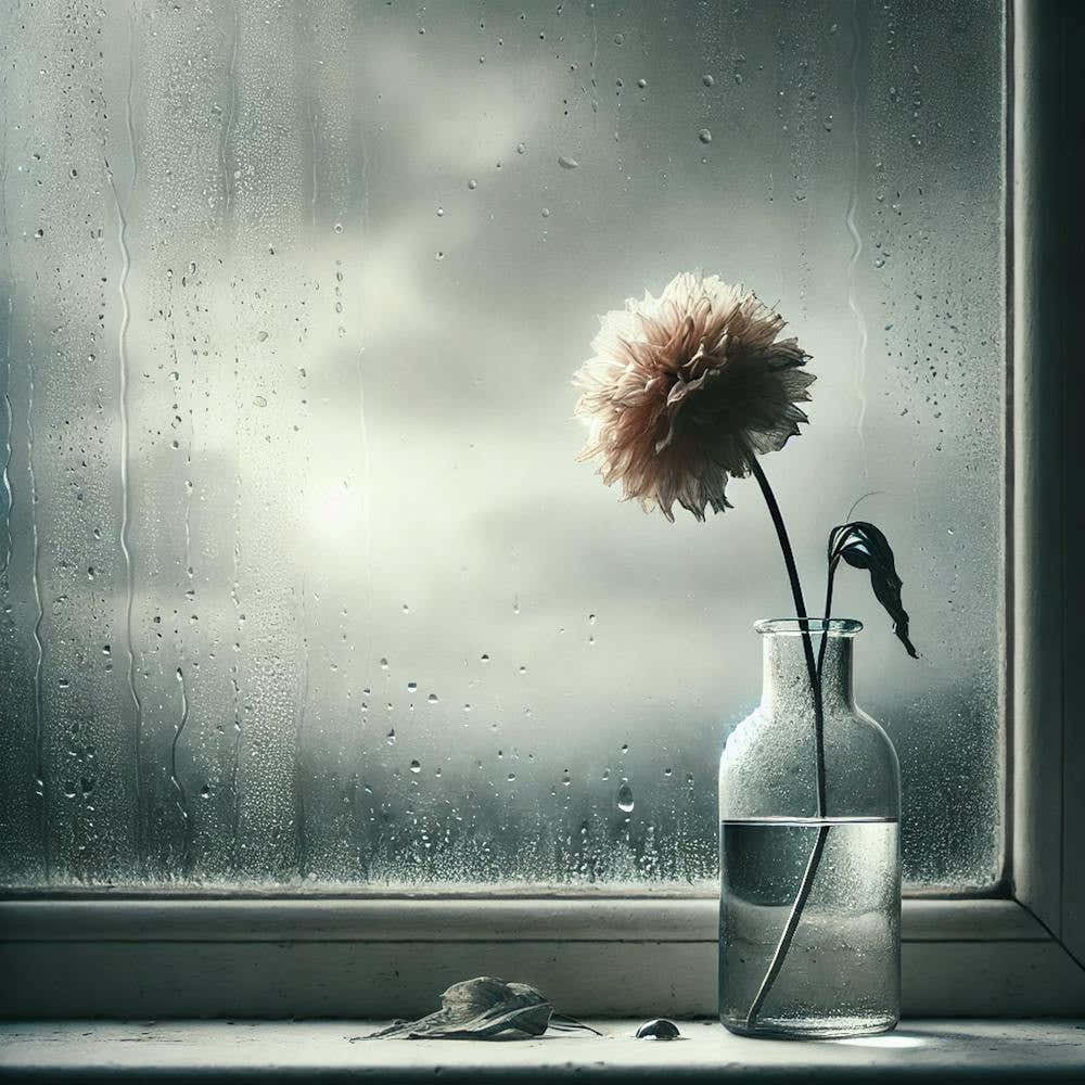 Wilted Flower by the Window Wall Art: A Poignant Scene of Loss and Reflection for Emotional and Thoughtful Decor Print Art