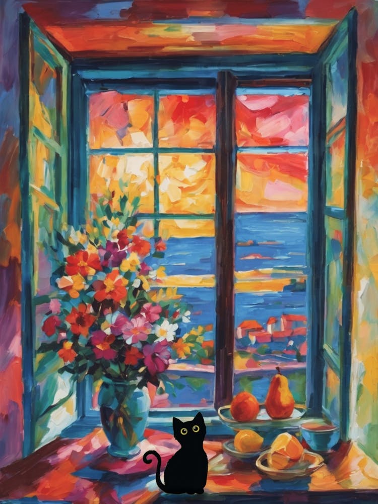 Matisse Style Open Window With Black Cat Added Colorful Vibrant Painting in HD