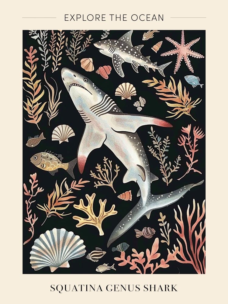 Squatina Genus Shark Seascape Black Background Illustration 1 Poster