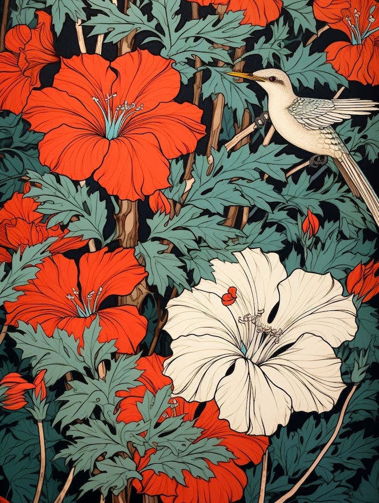 Chinese Bellflower And Bird Vintage Japanese Botanical