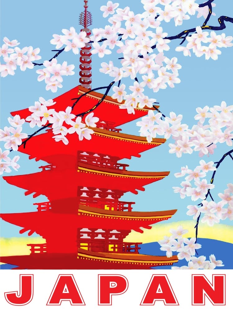 Japan, Cherry Blossoms Over The Red Temple