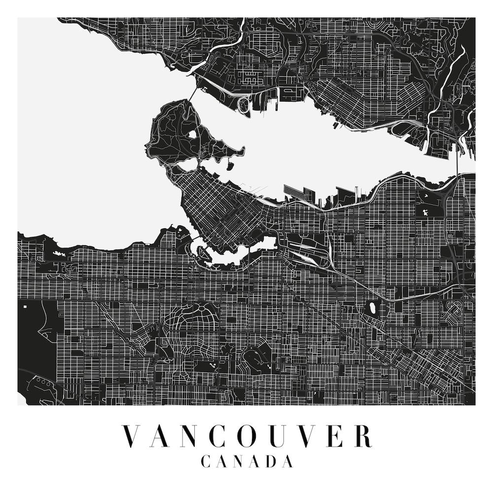 Vancouver Canada Minimal Black Mono Street Map  Square