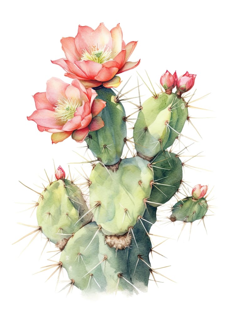 Cylindropuntia Kleiniae Cactus Watercolour Drawing 2
