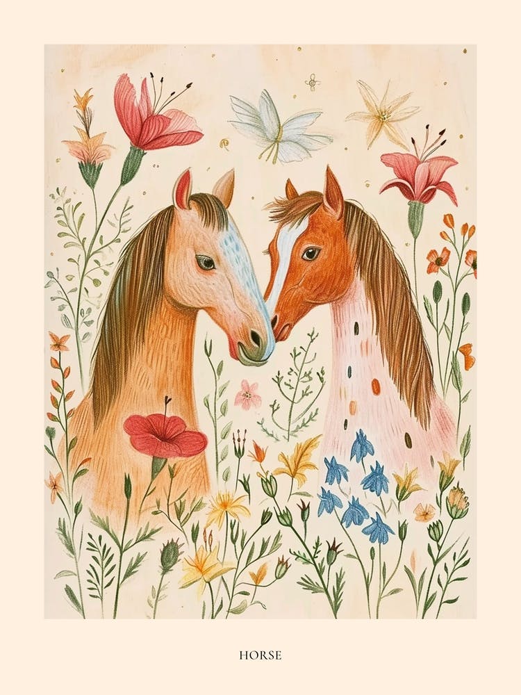 Folksy Floral Animal Drawing Horse Poster