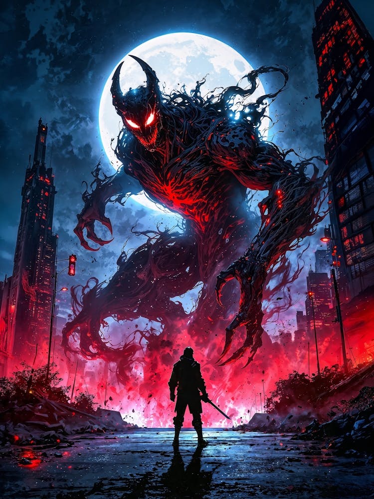 Epic Monster vs. Hero Fight: A towering, monstrous figure with glowing red eyes and a dark, vine-like body stands against a backdrop of a city skyline. The monster is illuminated by a large, pale moon, casting an eerie glow on the scene. A lone, silhouetted figure stands in the foreground, facing the monster with a sword in hand. The city is engulfed in a fiery red light, creating a sense of impending doom and danger.