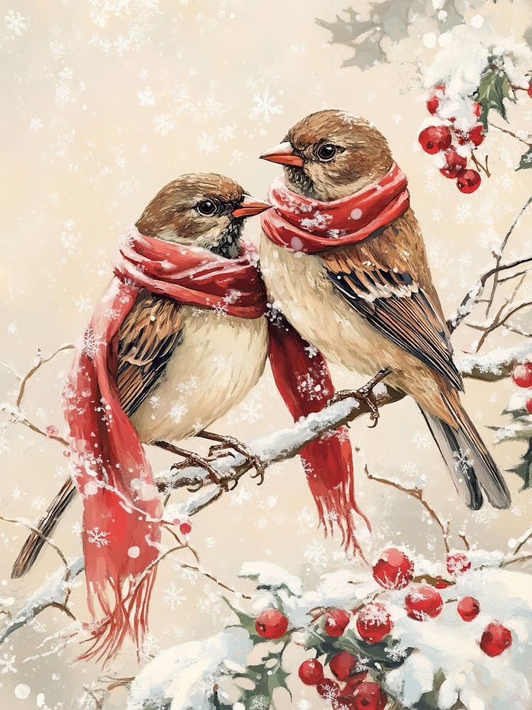 Winter Birds With Red Scarf
