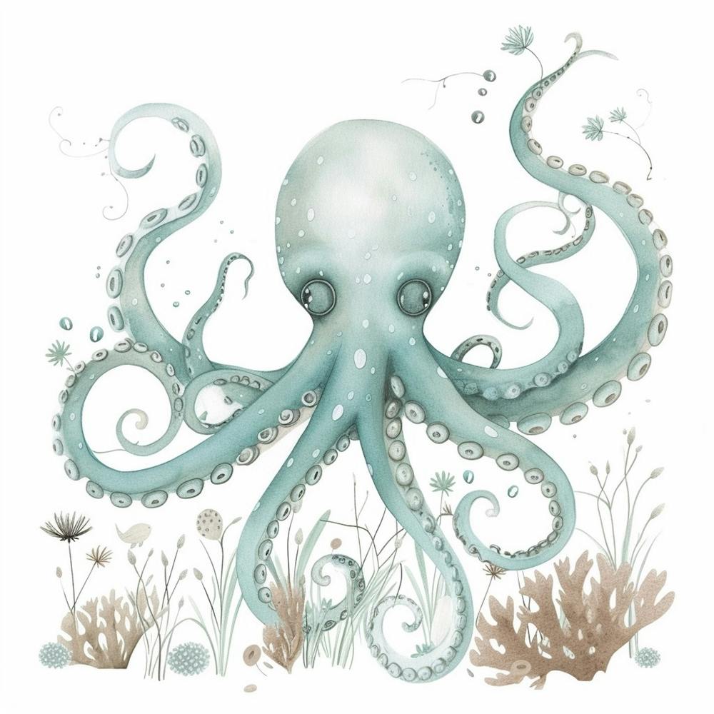 Storybook Style Octopus With Ocean Plants 7