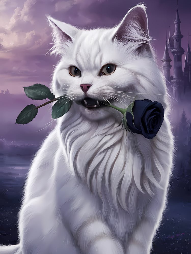 White Cat With Rose