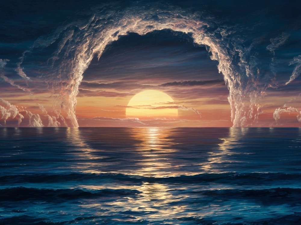 Looking Over The Ocean At A Sunset with clouds forming Portal at the Horizon