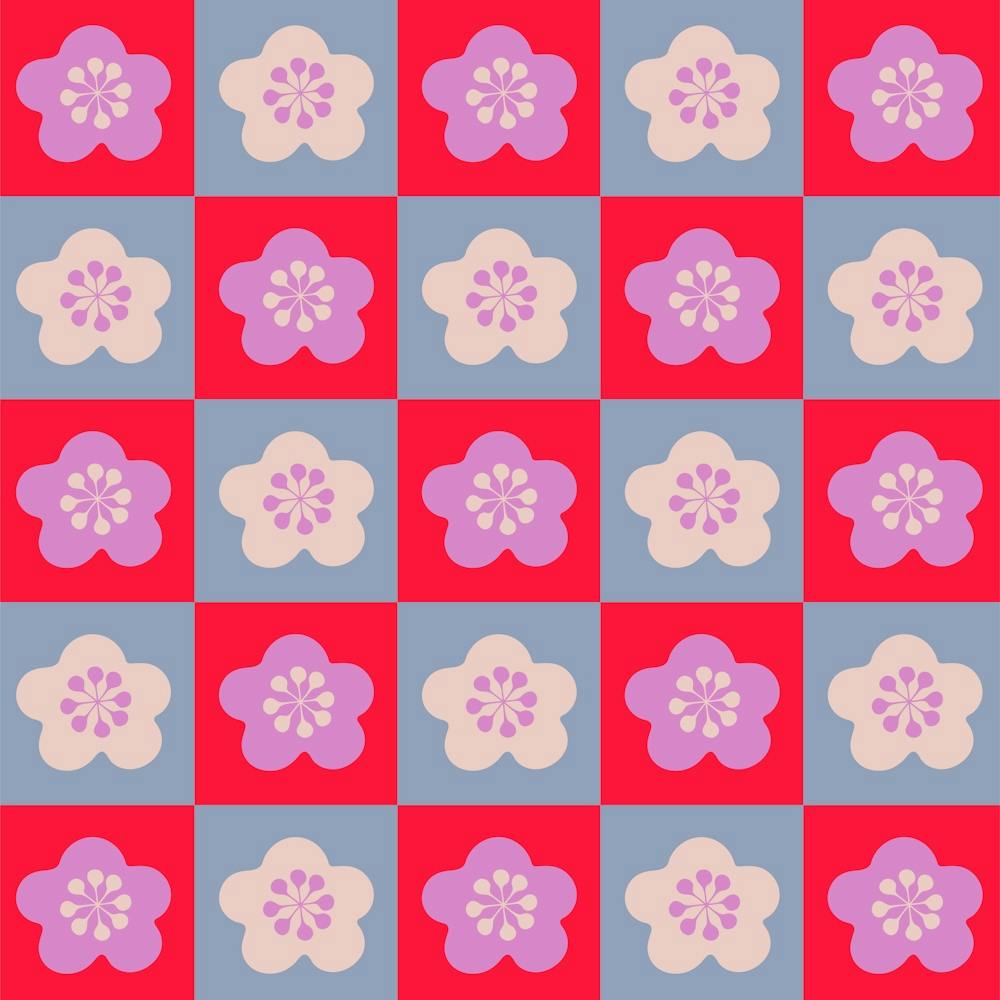 SAKURA CHECKERBOARD Japanese Cherry Blossom Flowers Geometric Checkered Grid in Red Lavender Purple Powder Blue Cream
