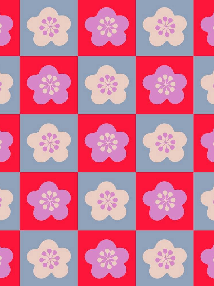 SAKURA CHECKERBOARD Japanese Cherry Blossom Flowers Geometric Checkered Grid in Red Lavender Purple Powder Blue Cream