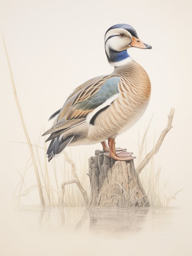 Vintage Bird Drawing Wood Duck 1