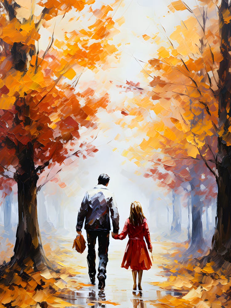 Autumn Walk Painting Father And Daughter Impressionist Oil Art On Canvas
