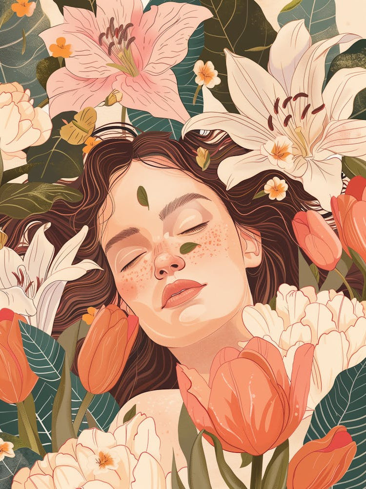 Sleepy Girl With Flowers