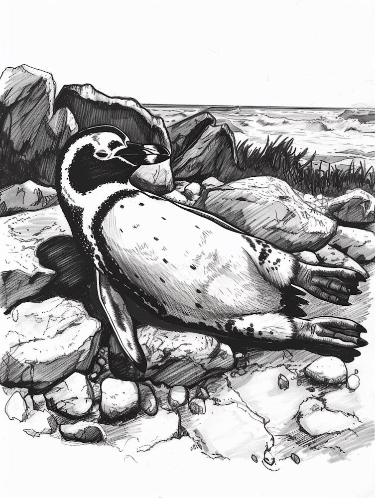 African Penguin Sunbathing On Rocks 3