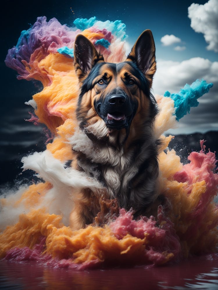 German Shepherd Dog In Colorful Smoke