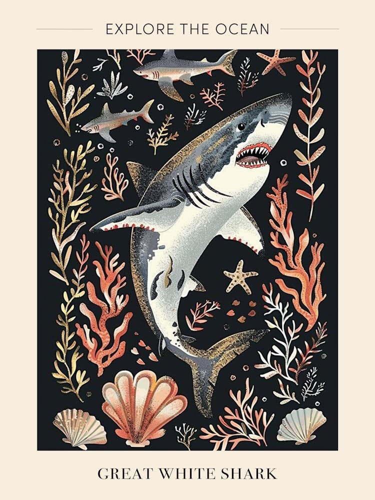 Great White Shark Black Background Illustration 1 Poster