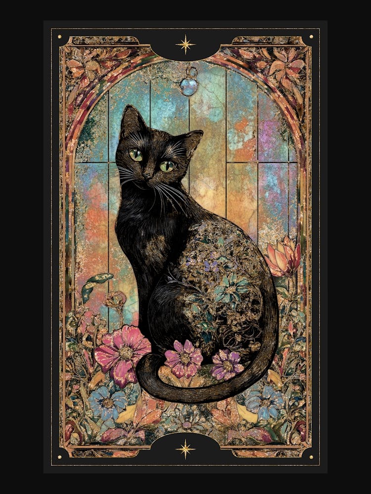 Alphonse Mucha-inspired black cat and ornate florals with gold accents in a dark cottagecore aesthetic with stained glass effect, Gothic Art Nouveau style witchy artwork perfect for libraries, vintage-themed rooms, moody interior 2