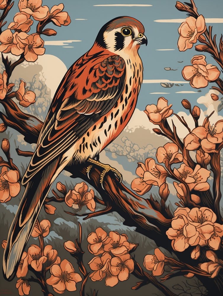 Linogravure d'Oiseau Vintage Faucon Crécerelle d'Amérique 5