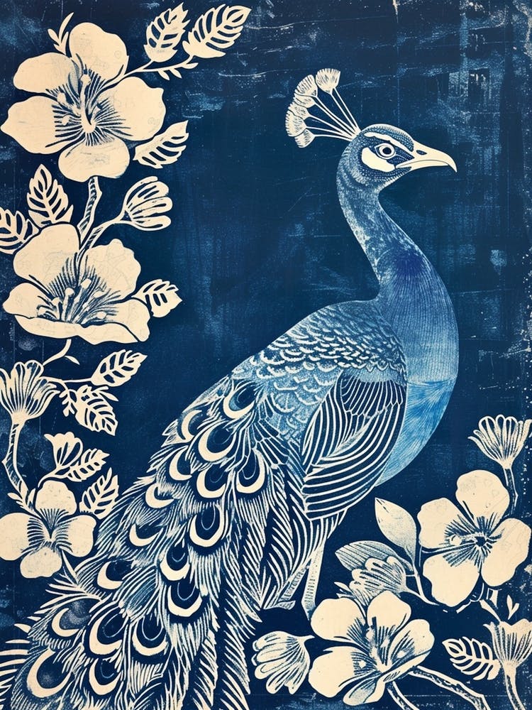 Navy Blue & Cream Peacock With Tropical Flowers 1