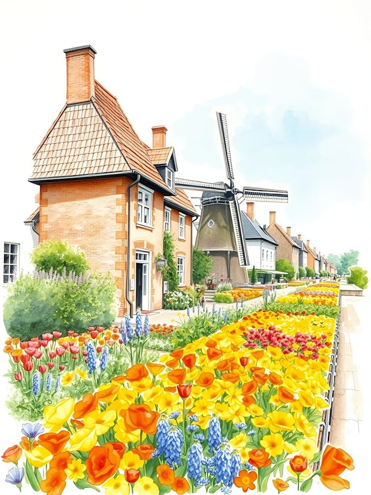 Watercolor Of A Windmill And Flowers