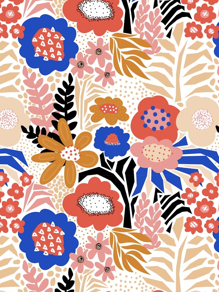 Paper Cut And Doodle Floral Collage Red Blue Beige Pink