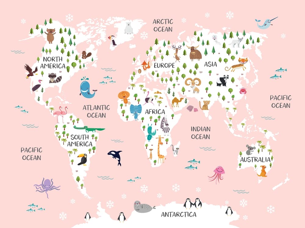 Kids Animal World Map In Pink
