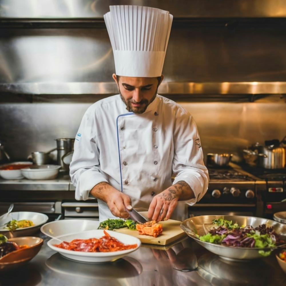 A captivating image of a chef in a busy restaurant kitchen, skillfully preparing a dish with fresh, colorful ingredients. This image communicates culinary expertise and the vibrant atmosphere of a restaurant, suitable for use in the food and hospitality industry.