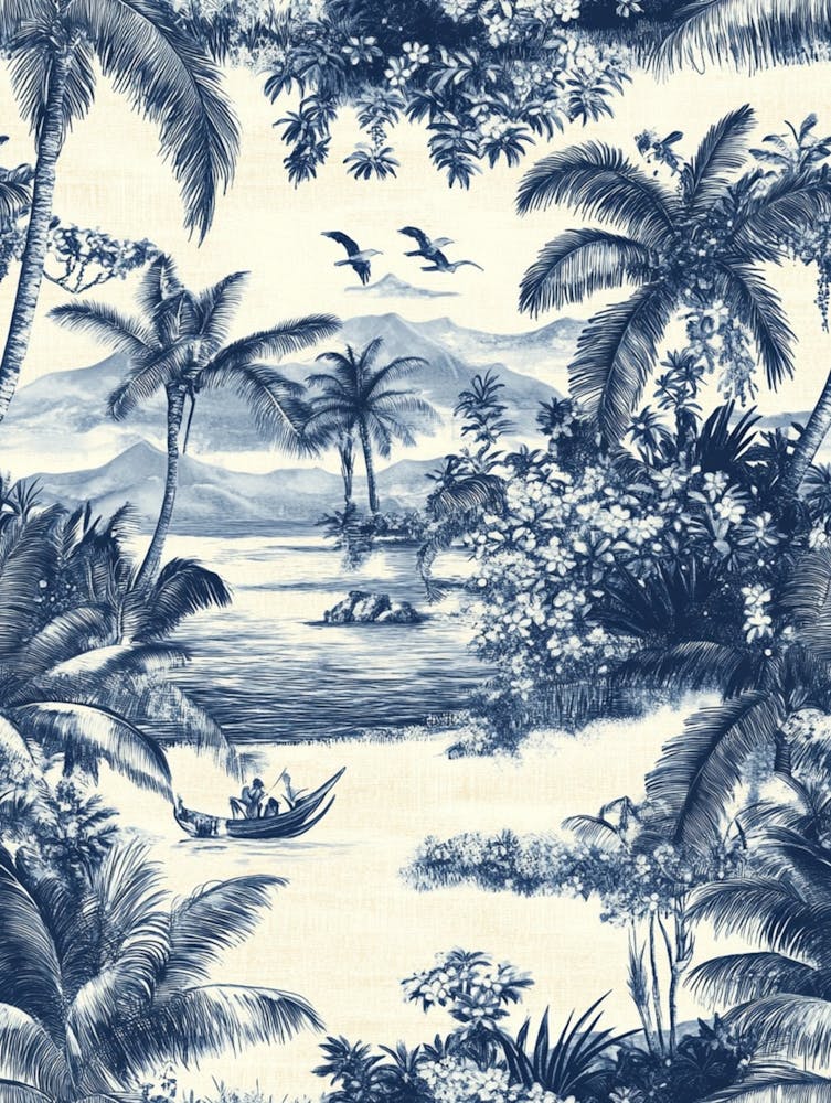 An Intricate Tropical Landscape With Palm Trees, Lush , And Ocean Waves In A Serene Setting