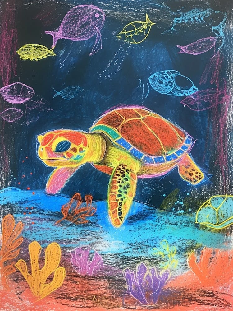 Sea Turtle & Friends At Night In The Ocean