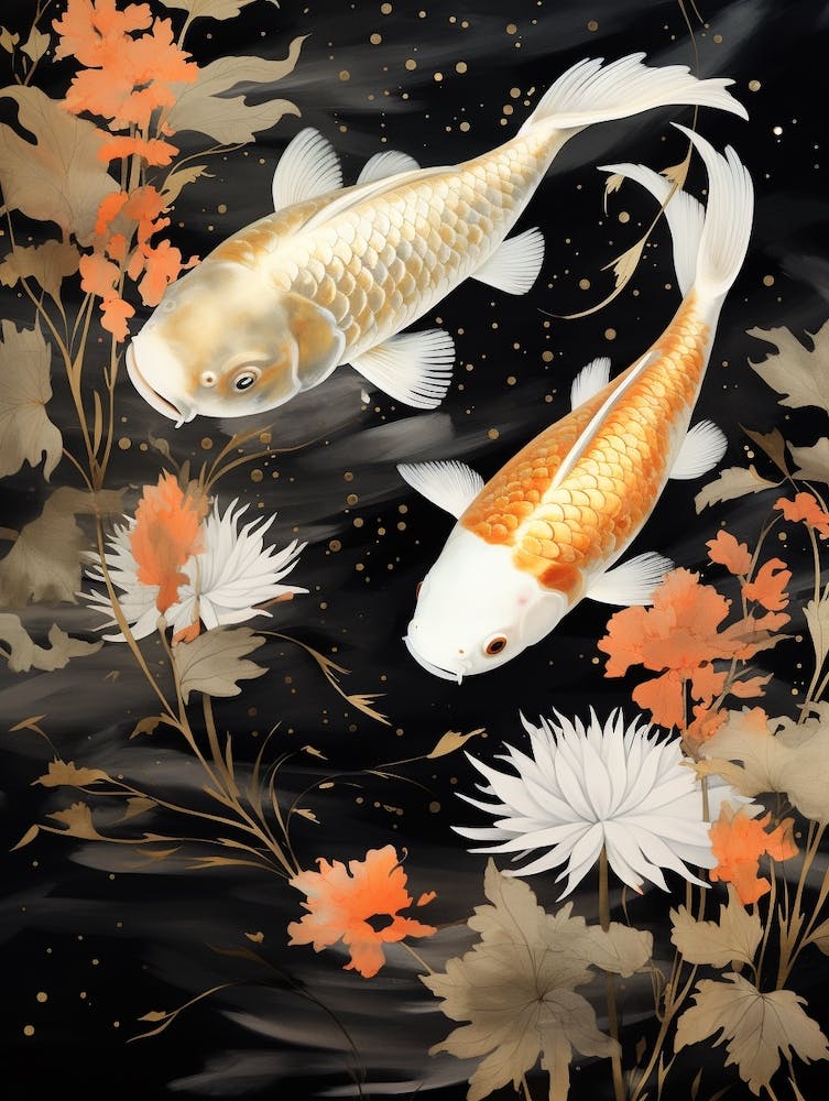 Orange Koi Fish Watercolour With Botanicals 1
