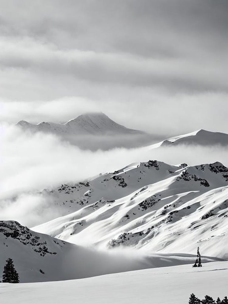 Mount Ruapehu, New Zealand Black And White Skiing Poster