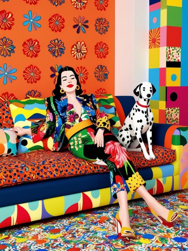 Femme Assise Sur Un Canapé Coloré