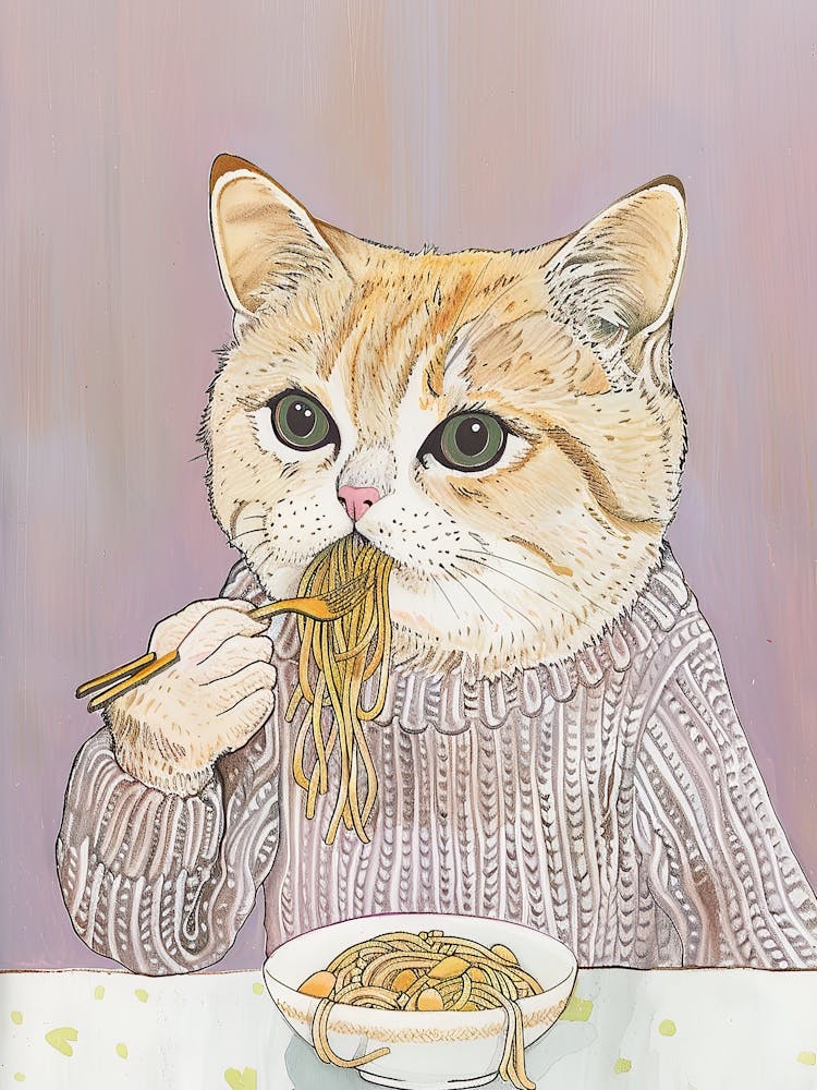 White And Tan Cat Pasta Lover Folk Illustration 3