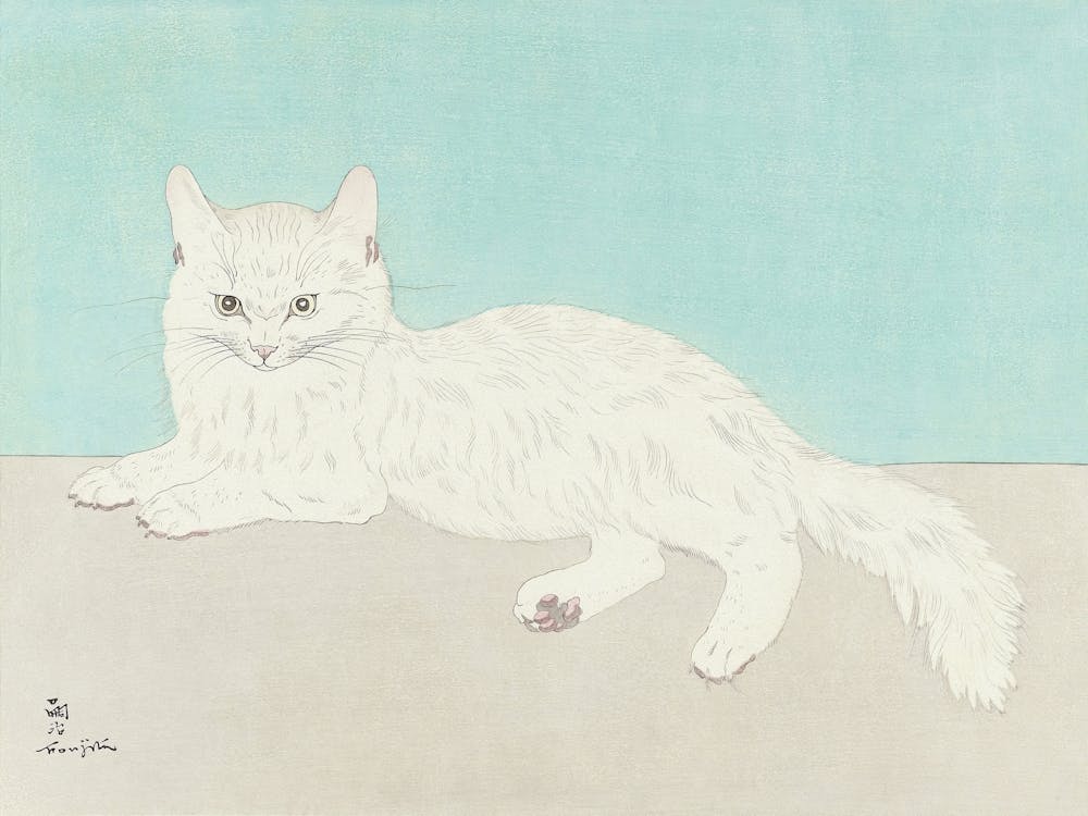 White Cat, Vintage Japanese Art, Soft Pastel Colors, Vintage Cat Art