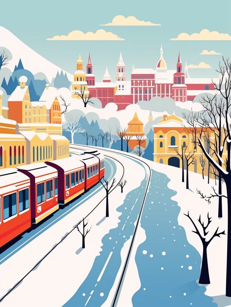 Retro Winter Illustration Budapest Hungary