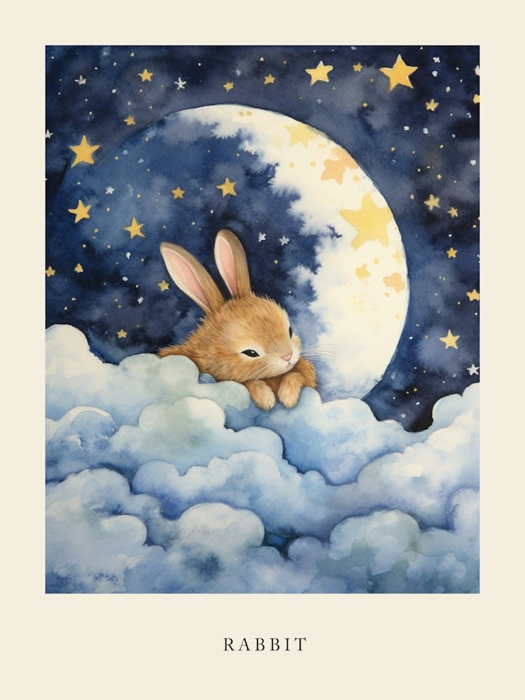 Baby Rabbit 2 Sleeping In The Clouds Nursery Poster