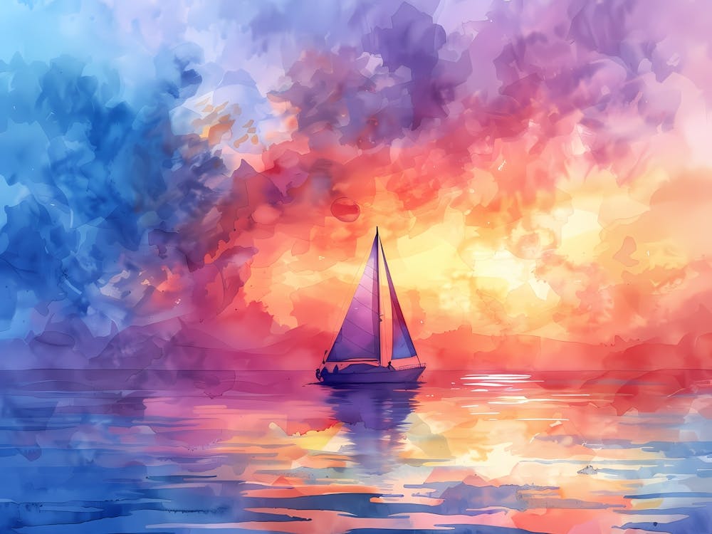 Aquarell Segelboot Bei Sonnenuntergang 14