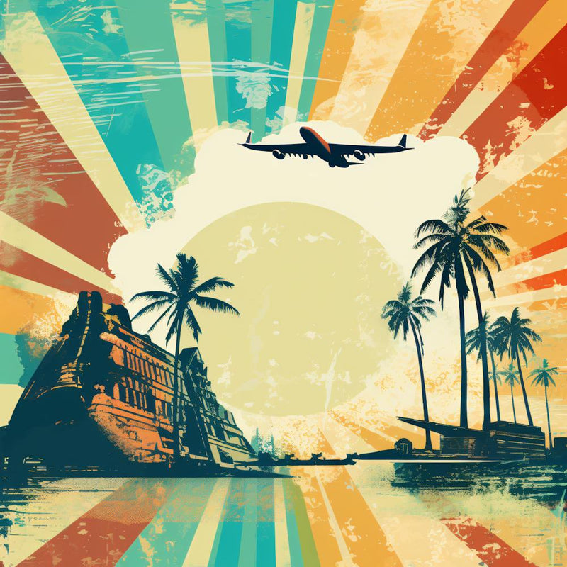 Vintage, Retro Travel Poster Tropical, Palm Trees, Airplane, Sun 1
