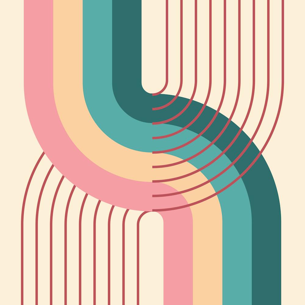 Midcentury Modern Geometric Rainbow Abstract Ii In Teal Green Pink 02